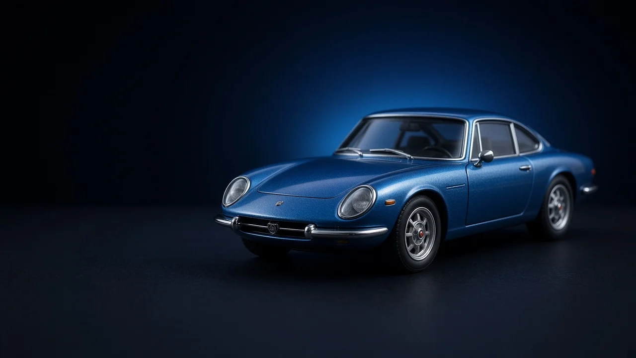 Blue diecast coupe on a dark studio background